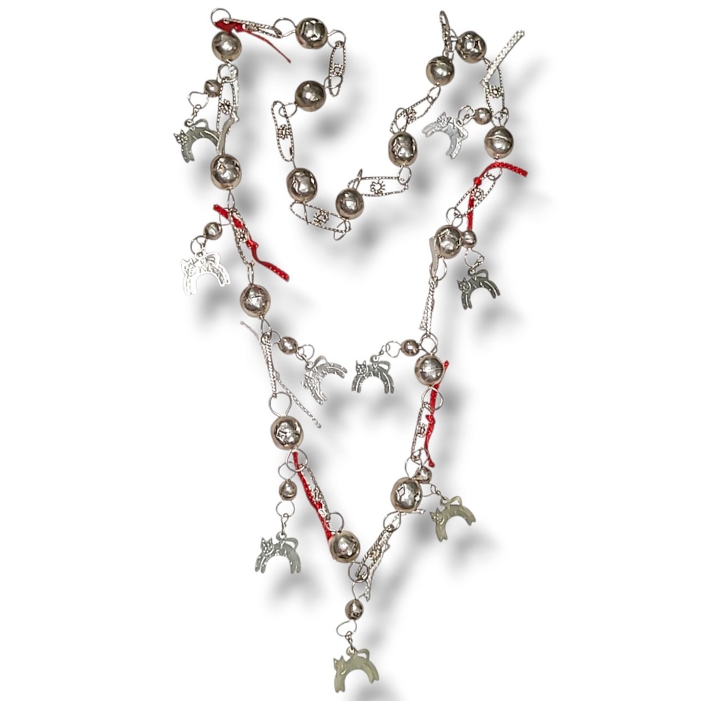 Vintage Mexican Wedding Lasso Necklace Silver Tone Cat Charms Beaded Boho